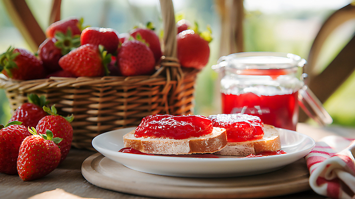 JPG 편집이미지 접시 빵 유리 딸기 유리병 사람없음 달콤 천 딸기잼 소풍바구니 편집실사 AI포토 AI콘텐츠 식기 음식 과일 재질 병_용기 바구니 직물 맛 잼 CG 파일형식