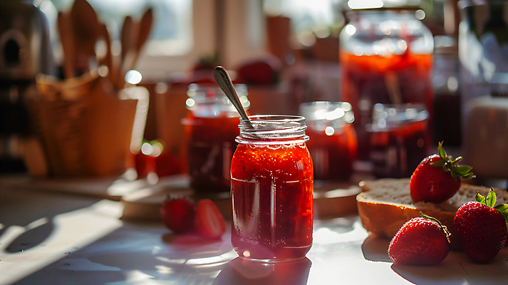 JPG 편집이미지 접시 빵 유리 딸기 유리병 사람없음 햇빛 주방 달콤 티스푼 창가 딸기잼 편집실사 AI포토 AI콘텐츠 식기 음식 과일 창문 재질 병_용기 태양 숟가락 맛 잼 CG 파일형식