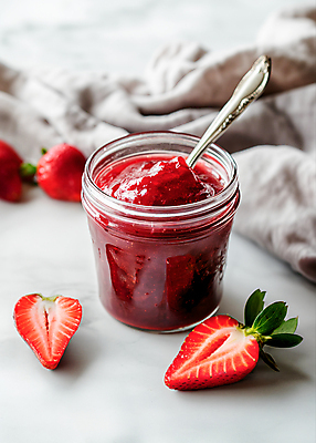 JPG 편집이미지 유리 딸기 단면 유리병 사람없음 달콤 티스푼 천 딸기잼 편집실사 AI포토 AI콘텐츠 과일 재질 병_용기 숟가락 직물 맛 잼 CG 파일형식