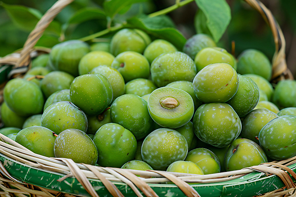 JPG 편집이미지 열매 식재료 자연 사람없음 초록색 봄 가득함 디지털합성 매실 제철 라탄바구니 편집실사 AI포토 AI콘텐츠 식물 계절 컬러 바구니 CG 생태계 파일형식