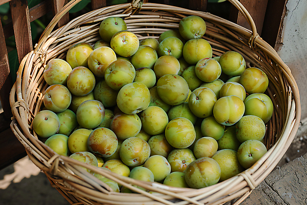 JPG 편집이미지 열매 식재료 자연 사람없음 초록색 봄 가득함 디지털합성 매실 제철 라탄바구니 편집실사 AI포토 AI콘텐츠 식물 계절 컬러 바구니 CG 생태계 파일형식