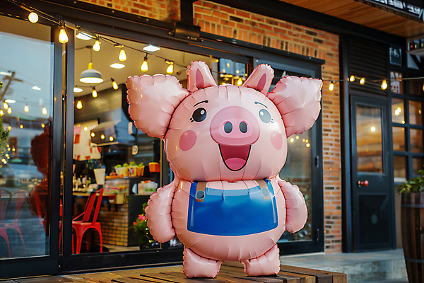 JPG 편집이미지 홍보캐릭터 사람없음 야외 건물 문 상점 오픈 알림 디지털합성 삼겹살 돼지캐릭터 풍선 개업 신장개업 편집실사 AI포토 AI콘텐츠 캐릭터 건축물 동물캐릭터 돼지고기 돼지 CG 파일형식