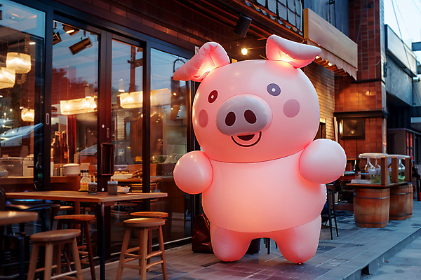 JPG 편집이미지 홍보캐릭터 사람없음 야외 건물 문 상점 오픈 알림 디지털합성 삼겹살 돼지캐릭터 풍선 개업 신장개업 편집실사 AI포토 AI콘텐츠 캐릭터 건축물 동물캐릭터 돼지고기 돼지 CG 파일형식