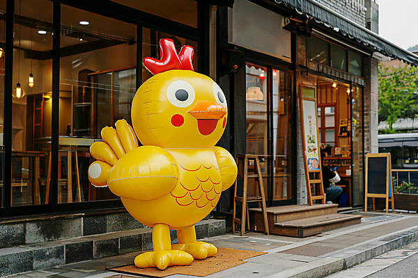 JPG 편집이미지 홍보캐릭터 사람없음 야외 건물 문 상점 치킨 오픈 알림 디지털합성 닭캐릭터 풍선 개업 신장개업 편집실사 AI포토 AI콘텐츠 캐릭터 건축물 동물캐릭터 닭 CG 닭고기요리 파일형식