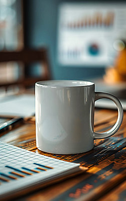 JPG 편집이미지 비즈니스 그래프 사람없음 아웃포커스 사무실 사무용품 머그컵 물컵 오브젝트 문서 편집실사 AI포토 AI콘텐츠 문구용품 촬영기법 컵 CG 파일형식