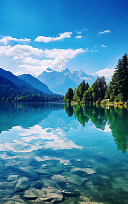 JPG 나무 구름 편집이미지 호수 여유 자연 하늘 휴식 산 풍경 사람없음 반사 돌_바위 수면 편집실사 AI포토 AI콘텐츠 자연요소 식물 감정 컨셉 물 CG 생태계 파일형식