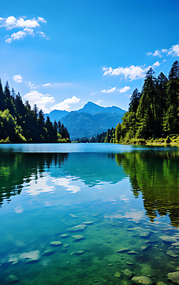JPG 나무 구름 편집이미지 호수 여유 자연 하늘 휴식 산 풍경 사람없음 반사 돌_바위 수면 편집실사 AI포토 AI콘텐츠 자연요소 식물 감정 컨셉 물 CG 생태계 파일형식