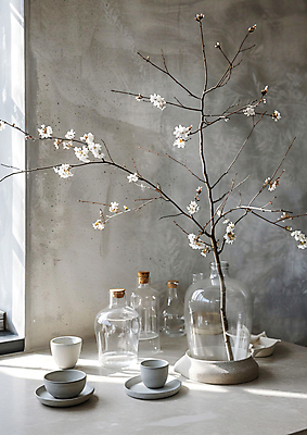 JPG 편집이미지 꽃 유리병 사람없음 인테리어 햇빛 공간 나뭇가지 분위기 찻잔 컵받침 창가 구성 킨포크 차분 편집실사 AI포토 AI콘텐츠 나무 식물 디자인 컨셉 창문 병_용기 잔 태양 받침대 CG 파일형식