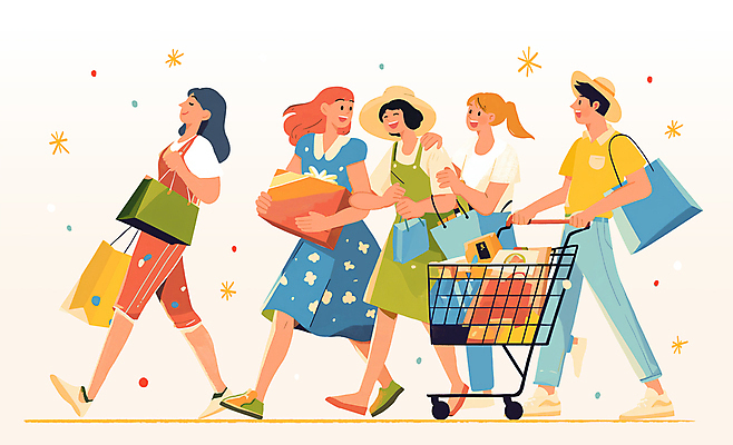 전신 PSD 모자 여자 남자 행복 일러스트 웃음 들기 이벤트 여러명 성인 여름 친구 반짝임 쇼핑 쇼핑백 노란색 마주보기 걷기 쇼핑카 즐거움 성인만 어깨에손 국내일러스트 잡화 계절 감정 컬러 다수 가방 관계 모션 표정 사람 카트 파일형식