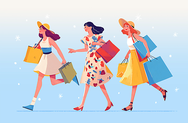 전신 PSD 모자 원피스 여자 행복 일러스트 웃음 이벤트 성인 세명 여름 친구 쇼핑 달리기 쇼핑백 노란색 걷기 가리킴 즐거움 성인여자만 국내일러스트 잡화 옷 계절 감정 컬러 가방 관계 모션 표정 사람 손짓 여자만 성인만 파일형식