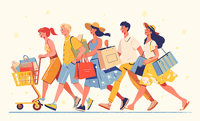 전신 PSD 모자 원피스 여자 남자 행복 일러스트 웃음 들기 이벤트 여러명 성인 여름 친구 반짝임 쇼핑 달리기 쇼핑백 노란색 쇼핑카 즐거움 성인만 국내일러스트 잡화 옷 계절 감정 컬러 다수 가방 관계 모션 표정 사람 카트 파일형식