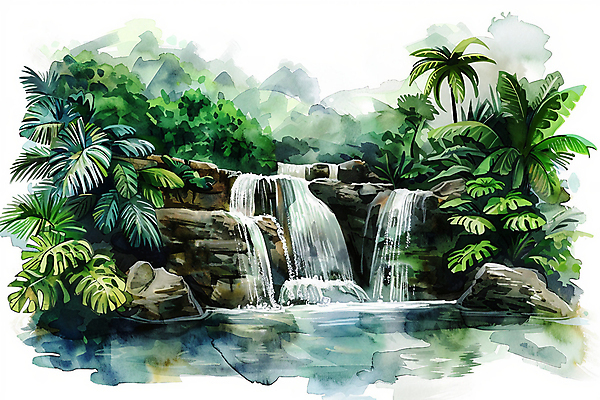 JPG 나무 포스터 백그라운드 잎 일러스트 자연 붓터치 수채화 풍경 사람없음 초록색 물 폭포 분위기 숲 국내일러스트 AI일러스트 AI콘텐츠 자연요소 식물 컬러 컨셉 생태계 파일형식