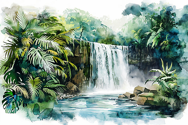 JPG 나무 포스터 백그라운드 잎 일러스트 자연 붓터치 수채화 풍경 사람없음 초록색 물 폭포 분위기 숲 국내일러스트 AI일러스트 AI콘텐츠 자연요소 식물 컬러 컨셉 생태계 파일형식