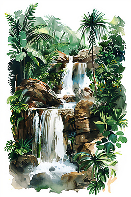 JPG 나무 무료이미지 포스터 백그라운드 잎 일러스트 자연 붓터치 수채화 풍경 사람없음 초록색 물 폭포 분위기 숲 국내일러스트 AI일러스트 AI콘텐츠 자연요소 식물 컬러 컨셉 생태계 파일형식