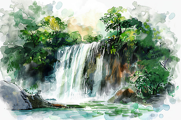 JPG 나무 포스터 백그라운드 잎 일러스트 자연 붓터치 수채화 풍경 사람없음 초록색 물 폭포 분위기 숲 국내일러스트 AI일러스트 AI콘텐츠 자연요소 식물 컬러 컨셉 생태계 파일형식