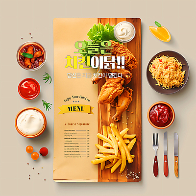 PSD 편집이미지 백그라운드 포크 토마토 포장 탁자 타이포그라피 사람없음 세트 치킨 감자튀김 신선 소스 나이프 레몬 메뉴 야식 로즈메리 이미지편집 문자 식기 가구 채소 과일 감자 튀김 양념 칼 허브 닭고기요리 파일형식