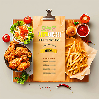 PSD 편집이미지 빵 백그라운드 토마토 포장 고추 탁자 단면 타이포그라피 사람없음 세트 치킨 감자튀김 신선 소스 브로콜리 허브 메뉴 야식 서류집게 이미지편집 식물 문자 음식 가구 채소 감자 집게 튀김 양념 닭고기요리 파일형식