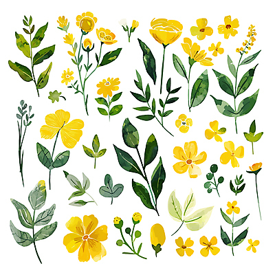 꽃 백그라운드 스티커 일러스트 자연 사람없음 세트 노란색 봄 분위기 엘리먼트 국내일러스트 AI파일 식물 계절 컬러 컨셉 생태계 파일형식 벡터