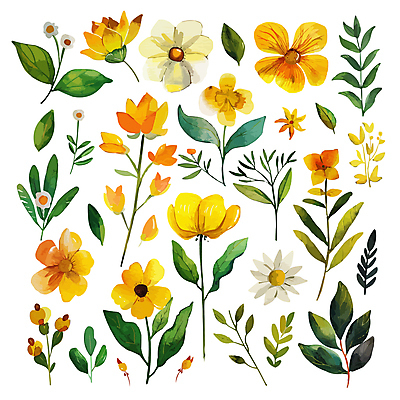 꽃 백그라운드 스티커 일러스트 자연 사람없음 세트 노란색 봄 분위기 엘리먼트 국내일러스트 AI파일 식물 계절 컬러 컨셉 생태계 파일형식 벡터