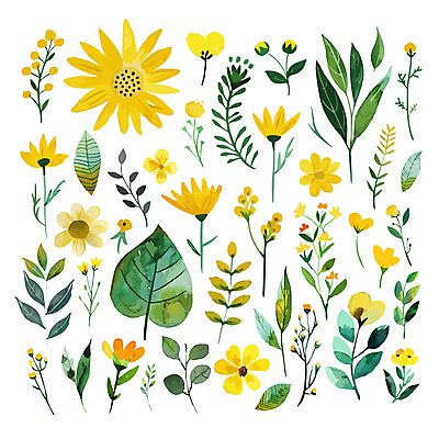 꽃 백그라운드 스티커 일러스트 자연 사람없음 세트 노란색 봄 분위기 엘리먼트 국내일러스트 AI파일 식물 계절 컬러 컨셉 생태계 파일형식 벡터