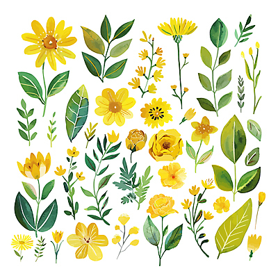 꽃 백그라운드 스티커 일러스트 자연 사람없음 세트 노란색 봄 분위기 엘리먼트 국내일러스트 AI파일 식물 계절 컬러 컨셉 생태계 파일형식 벡터