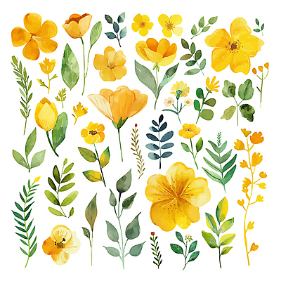 꽃 백그라운드 스티커 일러스트 자연 사람없음 세트 노란색 봄 분위기 엘리먼트 국내일러스트 AI파일 식물 계절 컬러 컨셉 생태계 파일형식 벡터