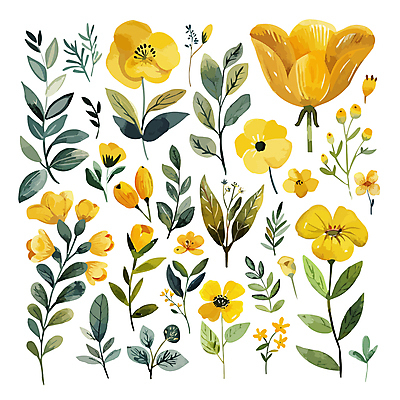 꽃 백그라운드 스티커 일러스트 자연 사람없음 세트 노란색 봄 분위기 엘리먼트 국내일러스트 AI파일 식물 계절 컬러 컨셉 생태계 파일형식 벡터