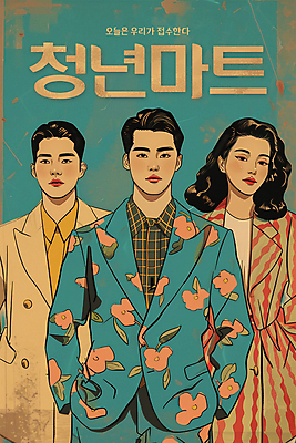 PSD 응시 여자 남자 백그라운드 일러스트 상반신 청년 성인 타이포그라피 세명 빈티지 복고 주머니손 마트 청년만 성인만 국내일러스트 문자 시선 컨셉 모션 사람 상점 파일형식