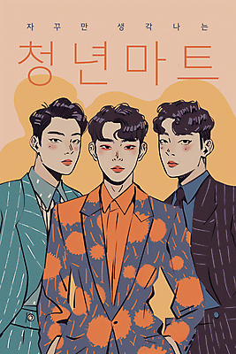 PSD 응시 남자 백그라운드 일러스트 상반신 청년 성인 타이포그라피 세명 빈티지 복고 주머니손 마트 성인남자만 청년남자만 국내일러스트 문자 시선 컨셉 모션 사람 상점 남자만 청년만 성인만 파일형식