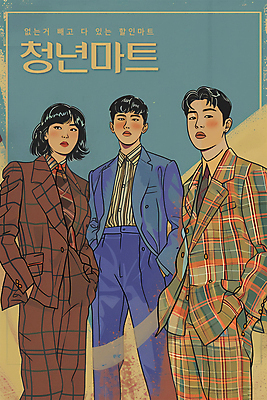 PSD 응시 여자 남자 백그라운드 일러스트 넥타이 상반신 청년 성인 타이포그라피 세명 빈티지 복고 주머니손 마트 청년만 성인만 국내일러스트 문자 시선 잡화 컨셉 모션 사람 상점 파일형식