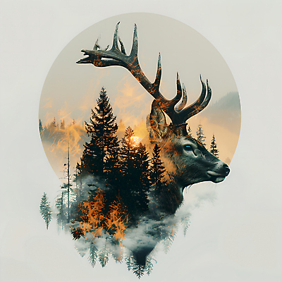 JPG 나무 동물 편집이미지 사슴 뿔 사람없음 태양 분위기 숲 다중노출 편집실사 자연요소 식물 컨셉 포유류 촬영기법 CG 파일형식