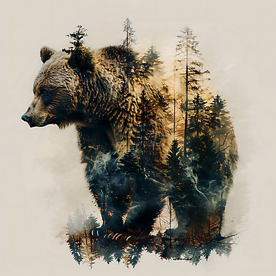 JPG 나무 동물 편집이미지 곰 사람없음 분위기 연기 숲 다중노출 편집실사 식물 컨셉 포유류 촬영기법 CG 파일형식