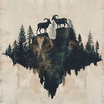 JPG 나무 동물 편집이미지 사람없음 빈티지 분위기 숲 산양 다중노출 편집실사 식물 컨셉 촬영기법 양 CG 멸종위기동물 파일형식