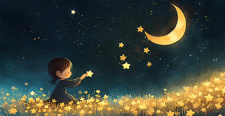 JPG 여자 꽃 별 어린이 일러스트 밤하늘 한명 소녀 상반신 반짝임 판타지 노란색 눈감음 희망 꿈 달 야간 소녀한명만 국내일러스트 AI일러스트 AI콘텐츠 자연요소 식물 1 감정 컬러 모션 상상 하늘 사람 여자한명만 소녀만 파일형식