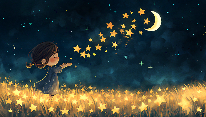 JPG 여자 꽃 별 어린이 일러스트 밤하늘 한명 소녀 상반신 반짝임 판타지 노란색 눈감음 희망 꿈 달 야간 소녀한명만 국내일러스트 AI일러스트 AI콘텐츠 자연요소 식물 1 감정 컬러 모션 상상 하늘 사람 여자한명만 소녀만 파일형식