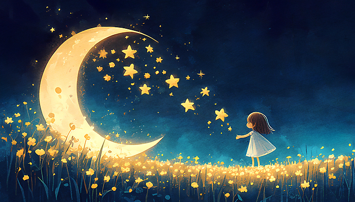 JPG 여자 꽃 별 어린이 일러스트 밤하늘 한명 소녀 상반신 반짝임 판타지 노란색 희망 꿈 달 야간 소녀한명만 국내일러스트 AI일러스트 AI콘텐츠 자연요소 식물 1 감정 컬러 모션 상상 하늘 사람 여자한명만 소녀만 파일형식