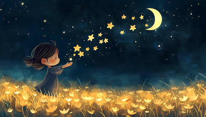 JPG 여자 꽃 별 어린이 일러스트 밤하늘 한명 소녀 상반신 반짝임 판타지 노란색 희망 꿈 달 야간 소녀한명만 국내일러스트 AI일러스트 AI콘텐츠 자연요소 식물 1 감정 컬러 모션 상상 하늘 사람 여자한명만 소녀만 파일형식