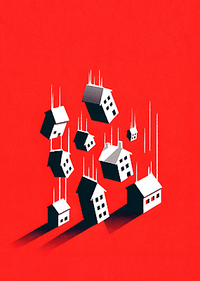 JPG 일러스트 부동산 주택 경고 사람없음 빨간색 경제 떨어짐 위험 하락 문제 붕괴 불안정 위기 국내일러스트 AI일러스트 AI콘텐츠 컬러 컨셉 건물 재산 파일형식