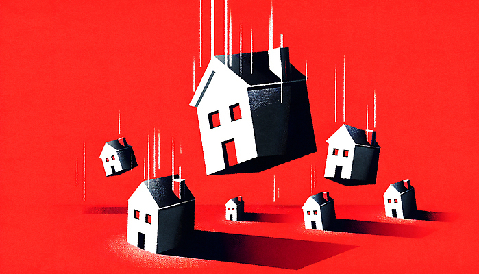 JPG 일러스트 부동산 주택 경고 사람없음 빨간색 경제 떨어짐 위험 하락 문제 붕괴 불안정 위기 국내일러스트 AI일러스트 AI콘텐츠 컬러 컨셉 건물 재산 파일형식