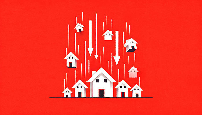 JPG 일러스트 부동산 주택 경고 사람없음 빨간색 경제 떨어짐 위험 하락 문제 붕괴 불안정 위기 국내일러스트 AI일러스트 AI콘텐츠 컬러 컨셉 건물 재산 파일형식