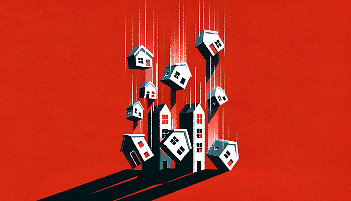 JPG 일러스트 부동산 주택 경고 사람없음 빨간색 경제 떨어짐 위험 하락 문제 붕괴 불안정 위기 국내일러스트 AI일러스트 AI콘텐츠 컬러 컨셉 건물 재산 파일형식