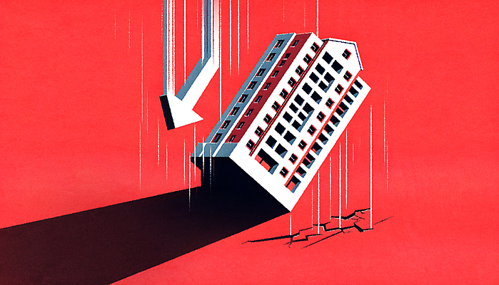 JPG 일러스트 부동산 주택 경고 사람없음 빨간색 경제 떨어짐 위험 하락 문제 붕괴 불안정 위기 국내일러스트 AI일러스트 AI콘텐츠 컬러 컨셉 건물 재산 파일형식