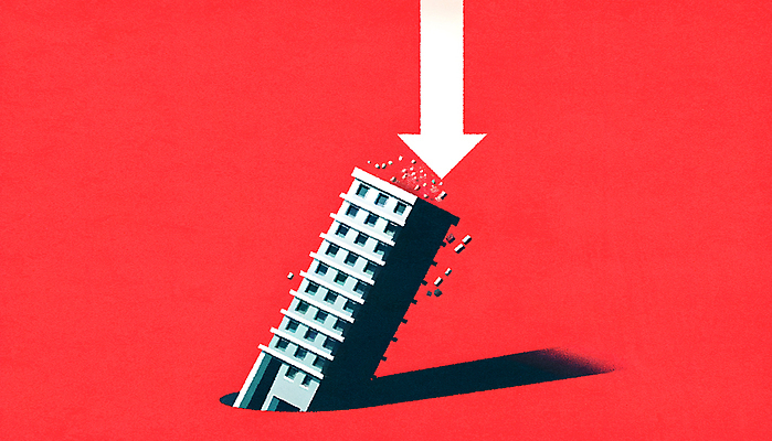 JPG 일러스트 부동산 주택 경고 사람없음 빨간색 경제 떨어짐 위험 하락 문제 붕괴 불안정 위기 국내일러스트 AI일러스트 AI콘텐츠 컬러 컨셉 건물 재산 파일형식