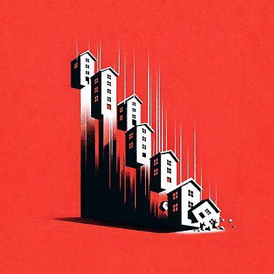 JPG 일러스트 부동산 주택 경고 사람없음 빨간색 경제 떨어짐 위험 하락 문제 붕괴 불안정 위기 국내일러스트 AI일러스트 AI콘텐츠 컬러 컨셉 건물 재산 파일형식