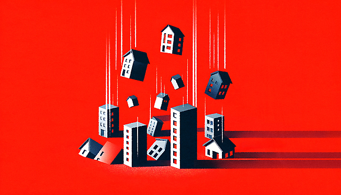 JPG 일러스트 부동산 주택 경고 사람없음 빨간색 경제 떨어짐 위험 하락 문제 붕괴 불안정 위기 국내일러스트 AI일러스트 AI콘텐츠 컬러 컨셉 건물 재산 파일형식