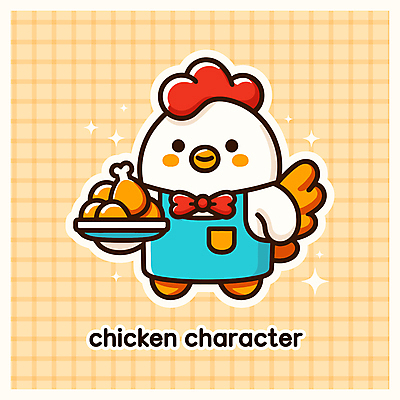 캐릭터 접시 행복 일러스트 요리 미소 들기 사람없음 반짝임 노란색 요리사 치킨 앞치마 닭캐릭터 격자 닭벼슬 일러캐릭터 AI파일 직업 식기 감정 컬러 동물캐릭터 무늬 모션 표정 닭 닭고기요리 파일형식 벡터