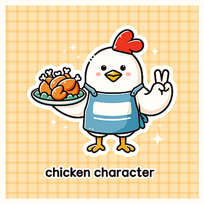 캐릭터 접시 행복 일러스트 요리 미소 들기 사람없음 반짝임 노란색 요리사 치킨 앞치마 브이 닭캐릭터 격자 닭벼슬 일러캐릭터 AI파일 직업 식기 감정 컬러 동물캐릭터 무늬 모션 표정 손짓 닭 닭고기요리 파일형식 벡터