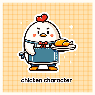 캐릭터 접시 행복 일러스트 요리 미소 들기 사람없음 반짝임 노란색 요리사 치킨 앞치마 닭캐릭터 격자 닭벼슬 일러캐릭터 AI파일 직업 식기 감정 컬러 동물캐릭터 무늬 모션 표정 닭 닭고기요리 파일형식 벡터