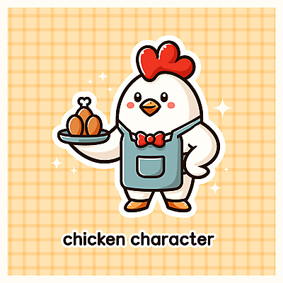 캐릭터 접시 행복 허리손 일러스트 요리 미소 들기 사람없음 반짝임 노란색 요리사 치킨 앞치마 닭캐릭터 격자 닭벼슬 일러캐릭터 AI파일 직업 식기 감정 컬러 동물캐릭터 포즈 무늬 모션 표정 닭 닭고기요리 파일형식 벡터