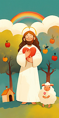 JPG 전신 구름 남자 꽃 포스터 백그라운드 무지개 일러스트 안기 하늘 주택 한명 미소 들기 풍경 잔디 초원 성인 초록색 눈감음 천주교 하트 양 예수 하나님 성경학교 사과나무 여름성경학교 후광 성인남자한명만 국내일러스트 AI일러스트 AI콘텐츠 자연요소 모양 나무 식물 1 기독교 종교 컬러 포유류 학교 모션 표정 사람 건물 빛 신_종교 사과 남자한명만 성인남자만 파일형식 여름_계절